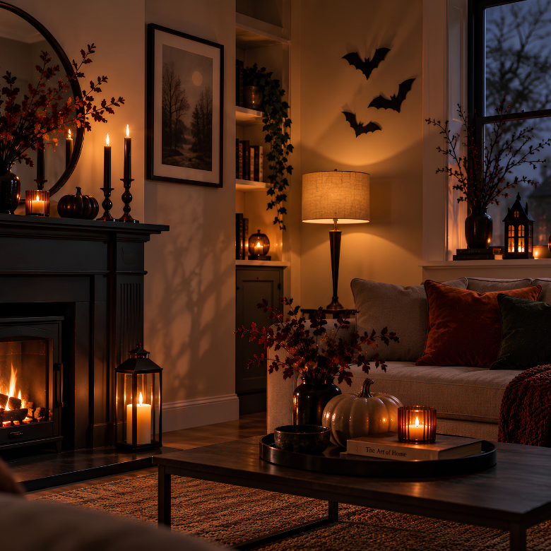 Tasteful Halloween living room with black bats, pumpkins, candles and lanterns creating a warm, moody autumn glow