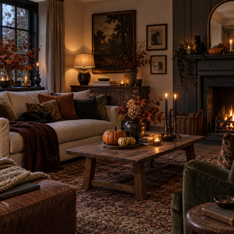 Elegant Halloween living room with autumnal colours, pumpkins, black cat decor and candles around a cosy fireplace