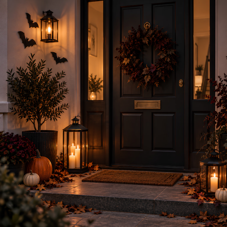 Elegant Halloween front door with an autumn wreath, pumpkins, black bats and glowing lanterns for a tasteful seasonal entrance