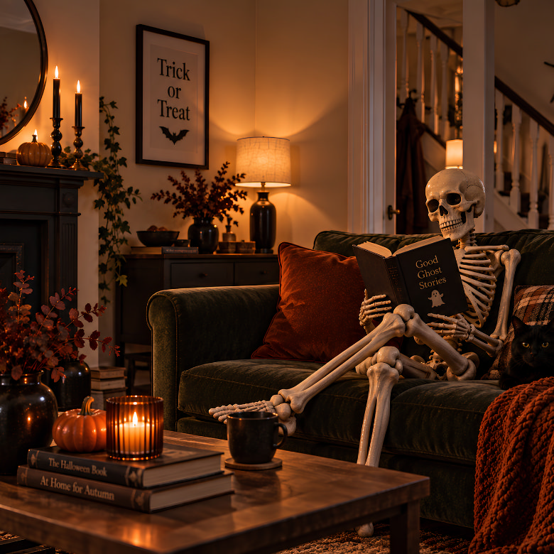Cosy Halloween living room with a skeleton reading on the sofa, pumpkins, candles and warm autumn decor