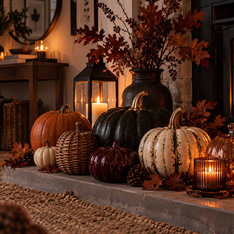 Elegant Halloween fireplace decor with black, orange and white pumpkins, autumn leaves, pine cones and glowing lanterns