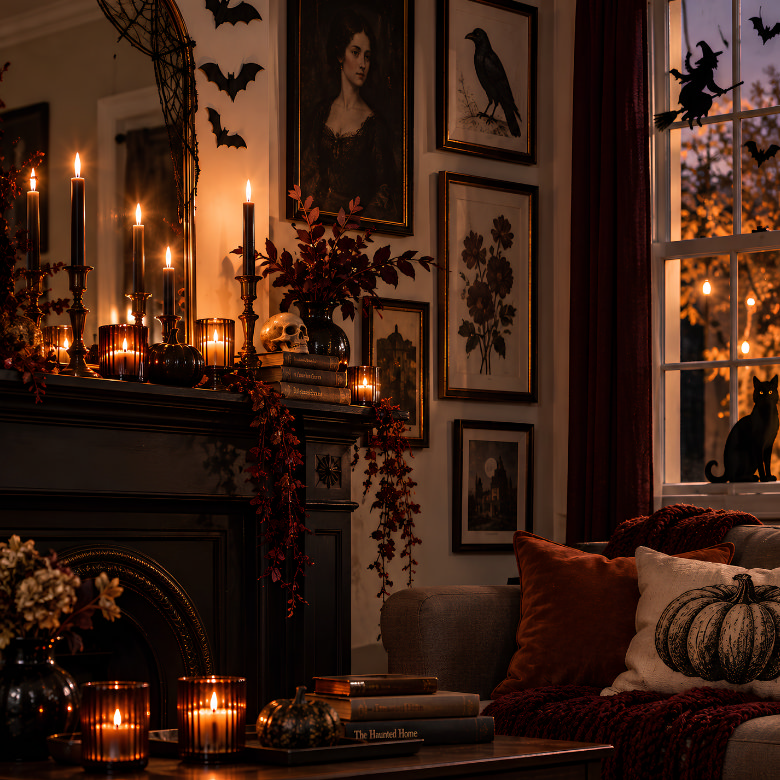 Gothic Halloween living room with black candles, skull decor, pumpkins, raven artwork and a black cat silhouette