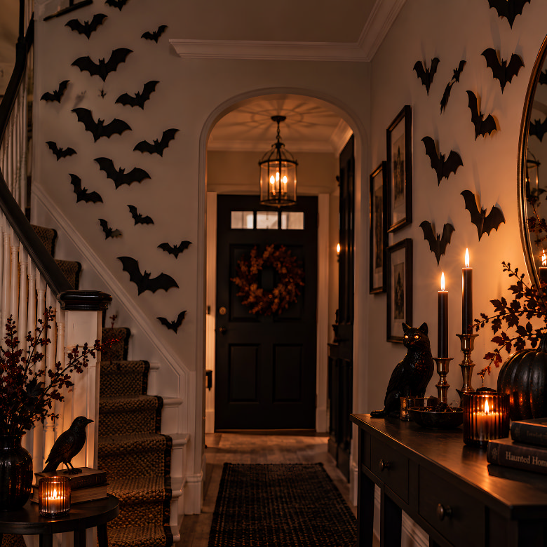 Halloween hallway decorated with black bats, raven ornaments, pumpkins and candles for a dramatic Gothic look