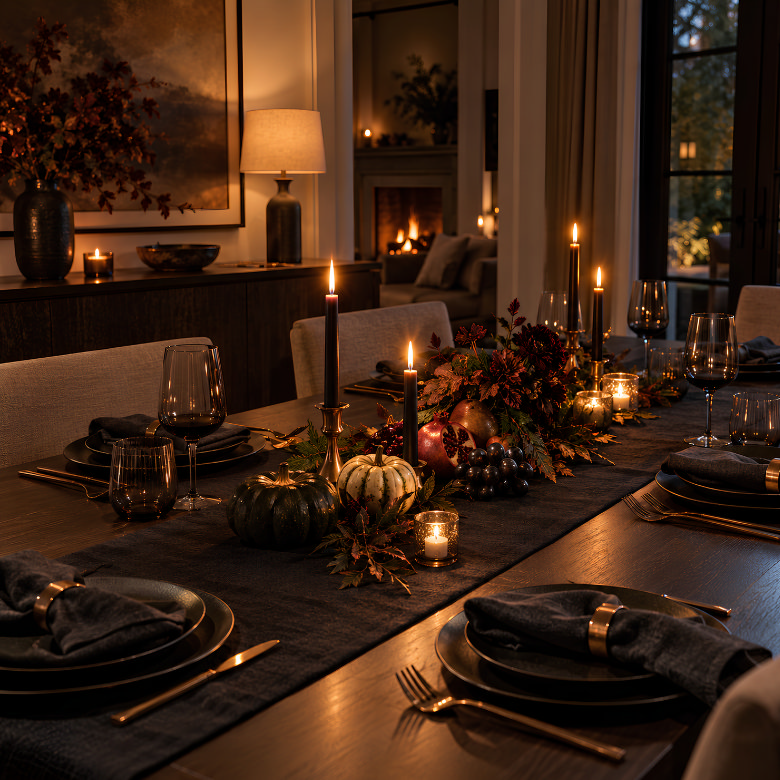 Elegant Halloween dining table with black candles, pumpkins, dark tableware and autumn foliage for a moody seasonal tablescape