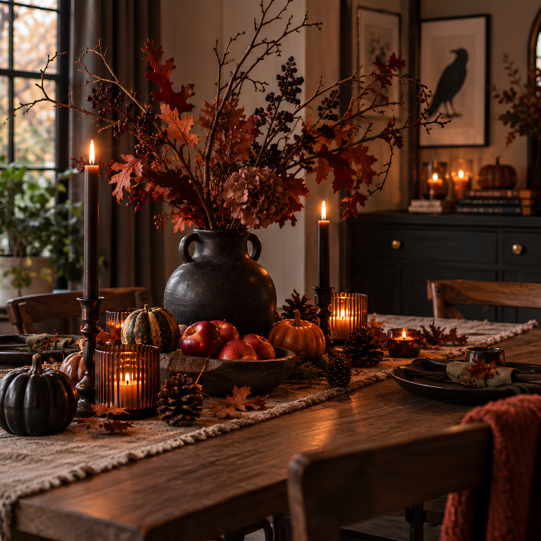 Elegant Halloween tablescape with pumpkins, black candles, autumn foliage, pine cones and apples on a rustic dining table
