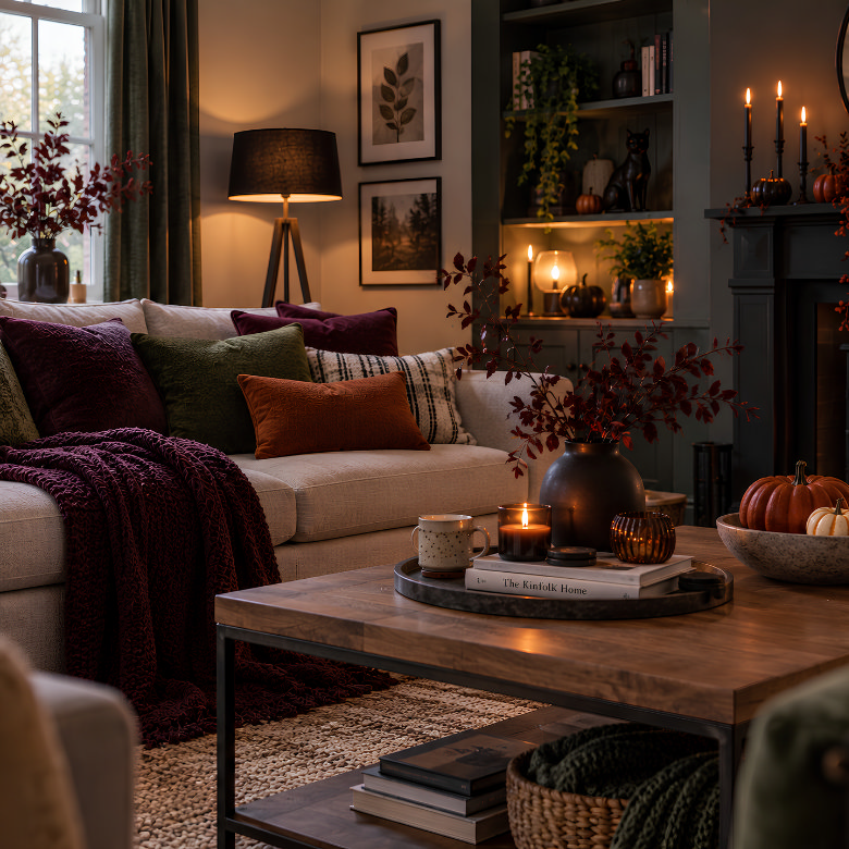 Elegant Halloween living room with plum and burnt orange soft furnishings, pumpkins, black cat decor and candlelight