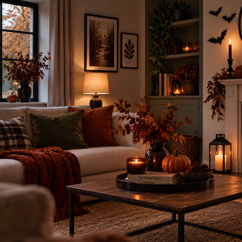 Cosy autumn living room decorated for Halloween with pumpkins, candles, autumn foliage and bat wall decorations