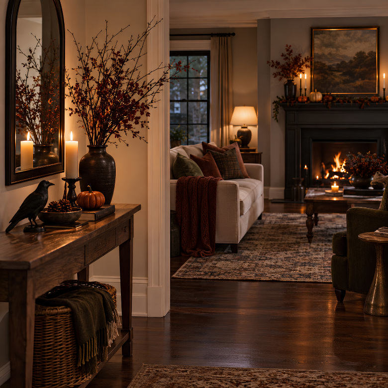 Elegant Halloween hallway with black crow decor, pumpkins, autumn branches and candles leading into a cosy living room