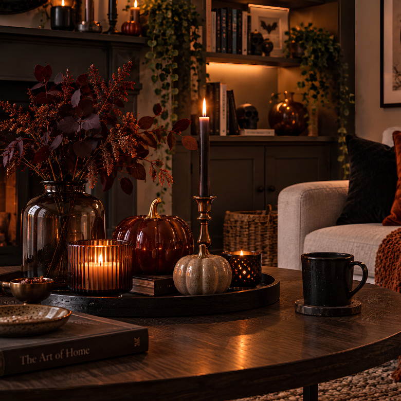 Elegant Halloween coffee table decor with glass pumpkins, dark autumn foliage and black candles creating a warm seasonal glow