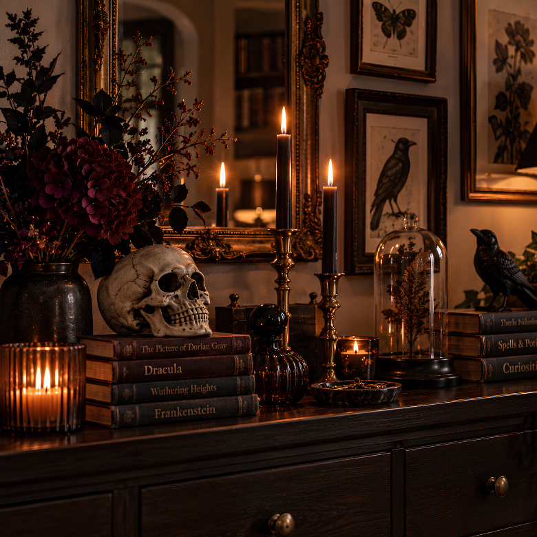 Gothic Halloween decor with a skull, black candles, raven ornaments, dark flowers and classic horror books on a sideboard