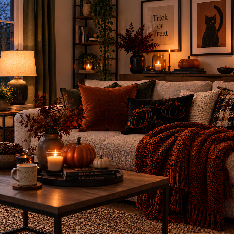 Elegant Halloween living room with pumpkin cushions, burnt orange throws, candles and pumpkins for a cosy seasonal look