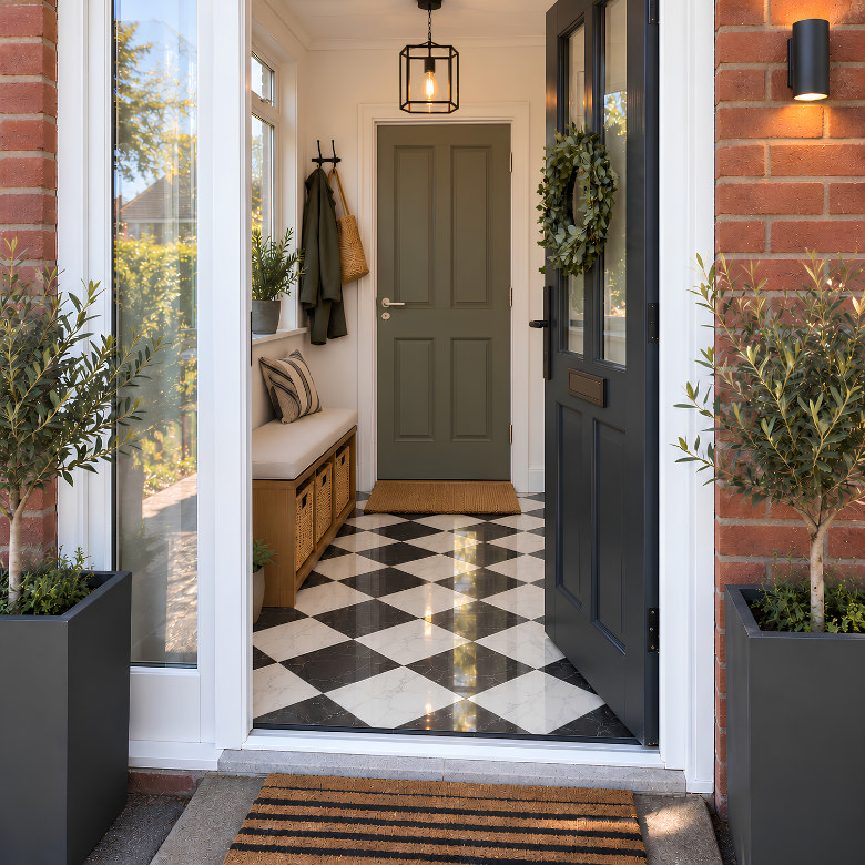Modern enclosed front porch with an open front door, bench seating, potted plants and black and white tiled floor