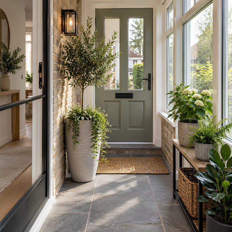 Small enclosed front porch with a sage green front door, potted plants, wall lantern and space-saving storage bench