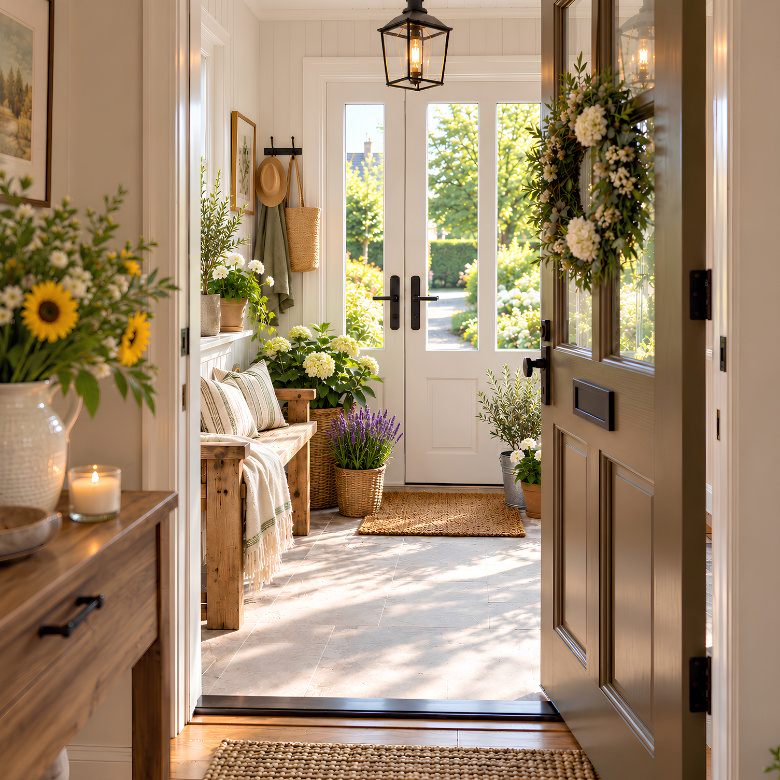 Summer front porch with an open front door, wooden bench, sunflowers, lavender and lush seasonal greenery
