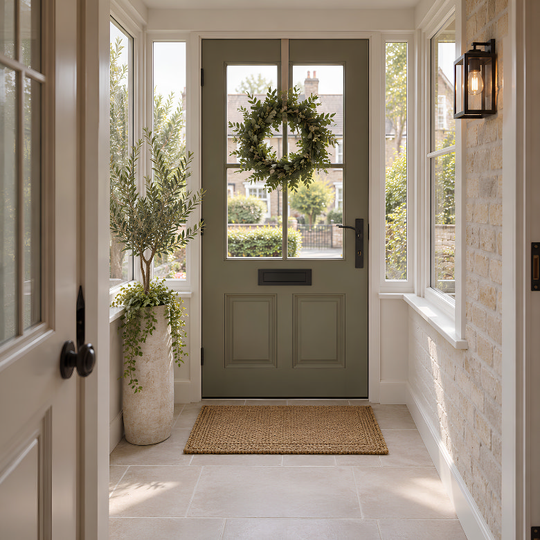 Minimalist front porch with a sage green glazed door, natural jute doormat, potted greenery and neutral stone flooring