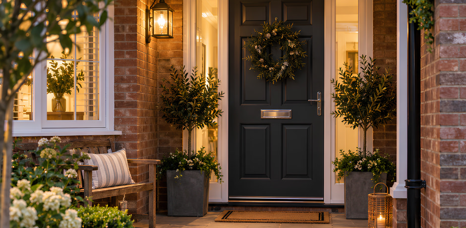 Welcoming front porch with a black front door, doormat, matching planters, wooden bench and warm outdoor lighting