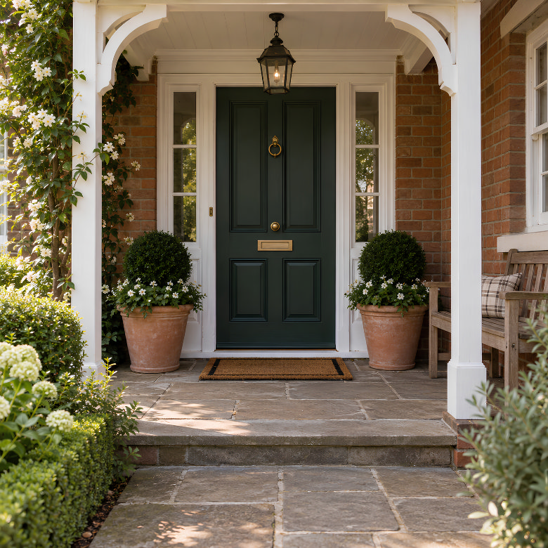 Traditional front porch with a dark green front door, potted plants, bench seating and a stone tiled entrance