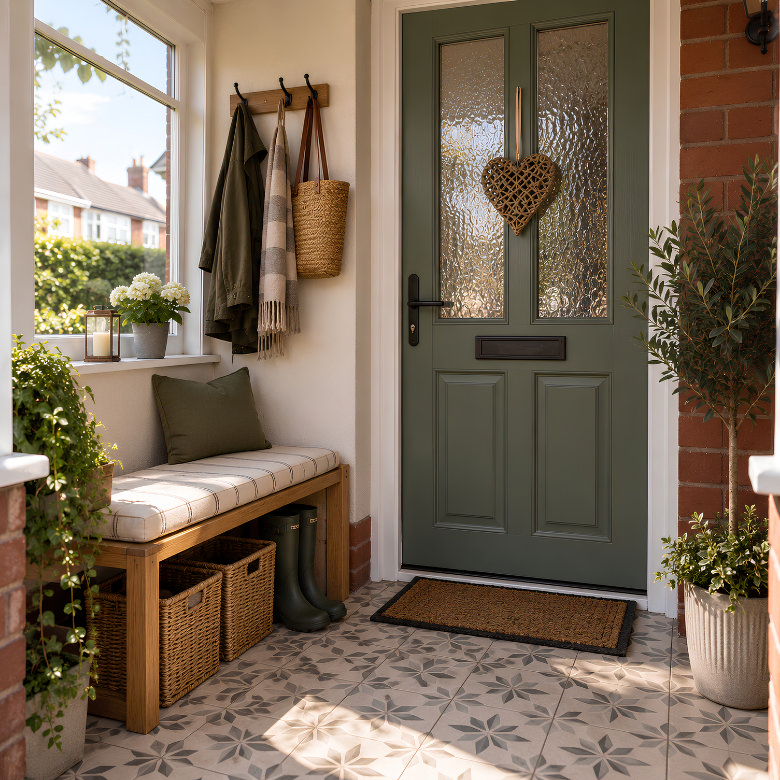 Small front porch with green glazed front door, wall hooks, bench seating, basket storage and potted plants