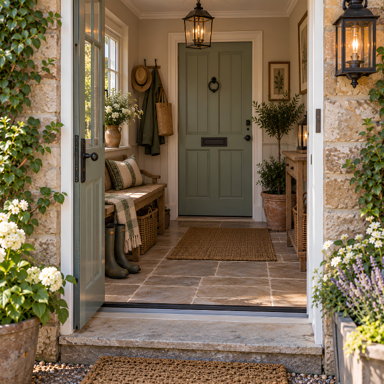 Country-style front porch with a sage green front door, wooden bench, wicker baskets, potted plants and stone flooring