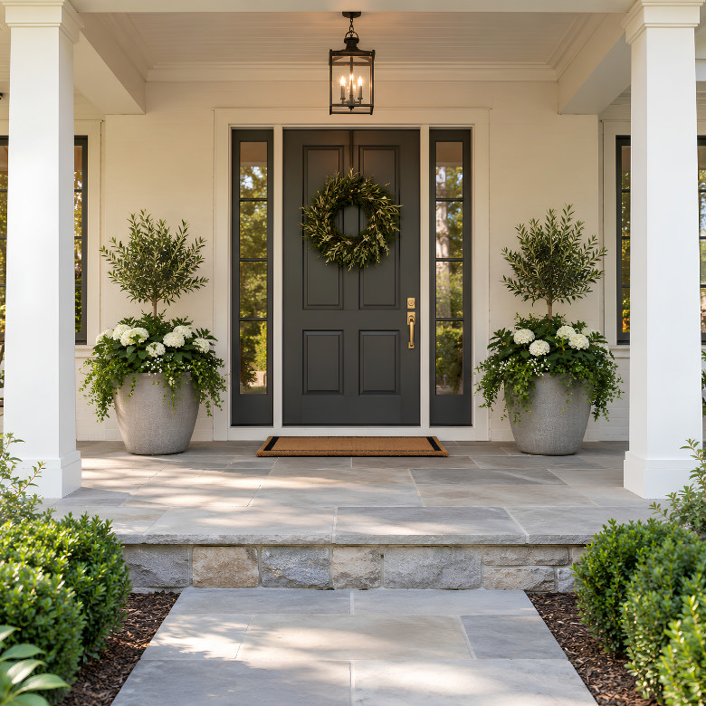 Small front porch with a black front door, matching potted trees, floral planters, wreath and overhead lantern