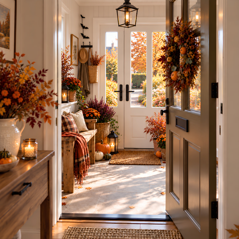Autumn front porch with an open front door, pumpkins, seasonal foliage, orange flowers and cosy bench seating