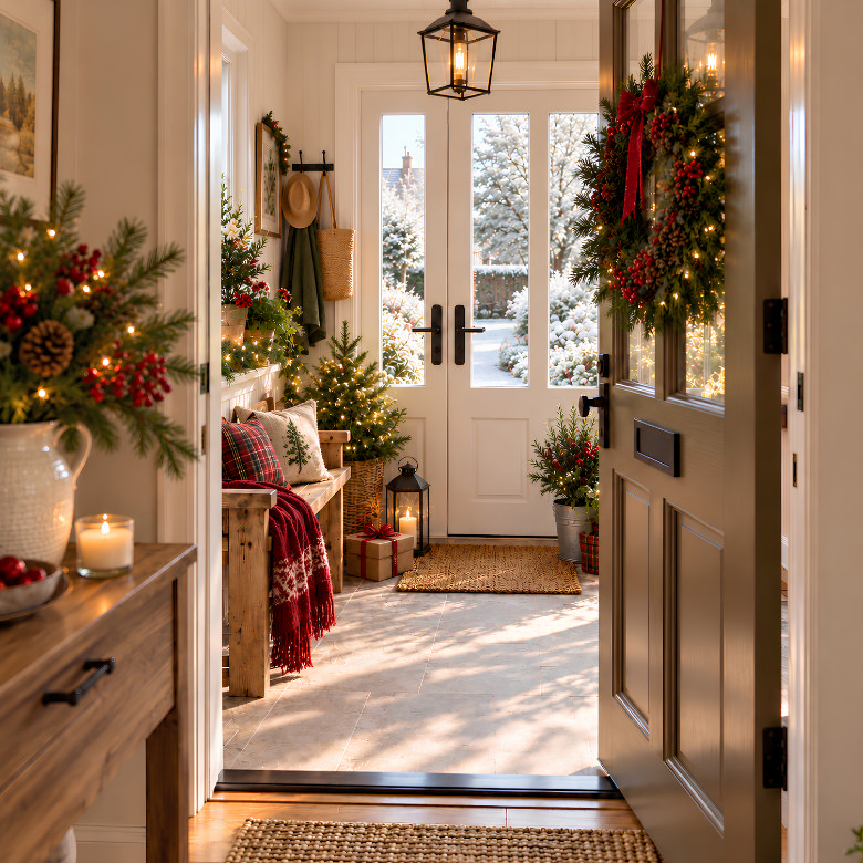 Christmas front porch with an open front door, festive wreath, twinkling lights, evergreen foliage and cosy bench seating
