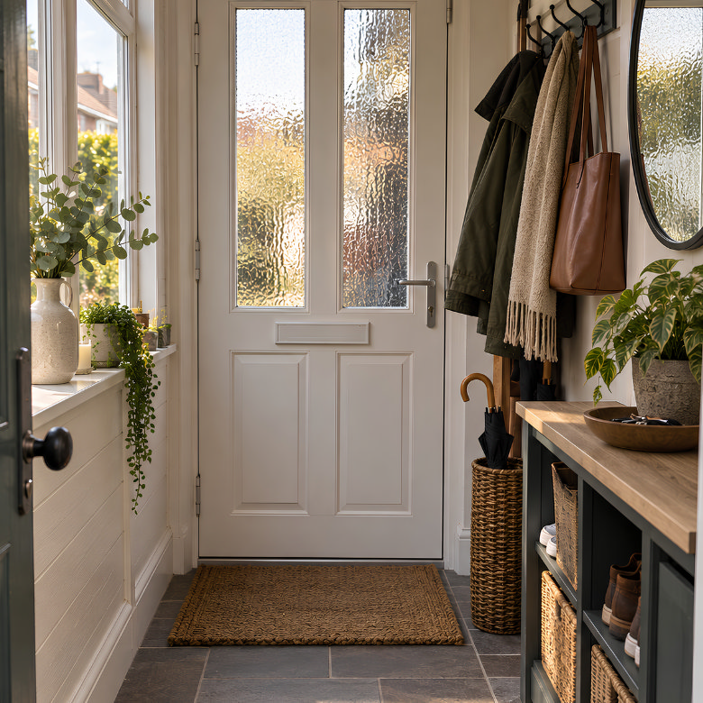 Small front porch with glazed front door, wall hooks for coats and bags, shoe storage and potted plants