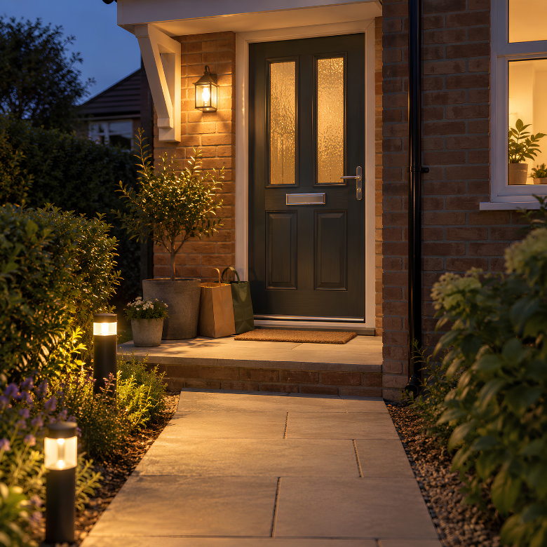 Small front porch at night with a black front door, warm outdoor lighting, potted plants and an illuminated garden path