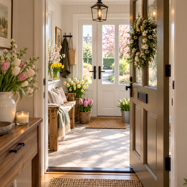 Spring front porch with an open front door, colourful seasonal flowers, wooden bench seating and natural woven accessories