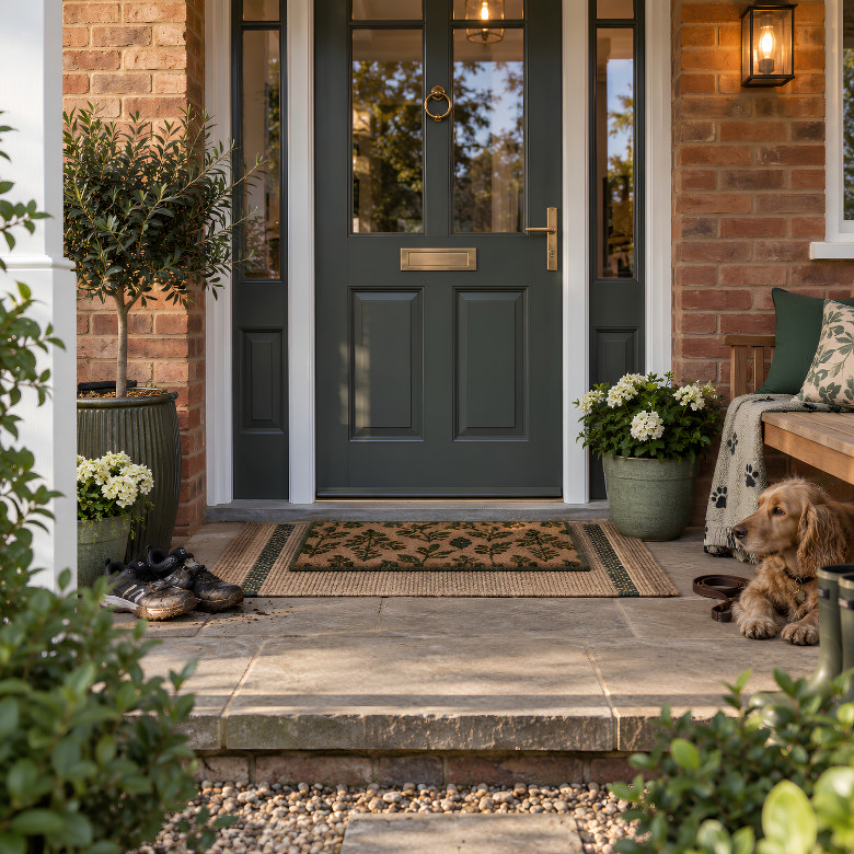 Small front porch with a dark green front door, potted plants, doormat, outdoor wall light and compact wooden bench