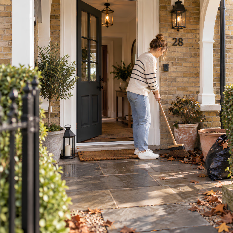 Woman sweeping autumn leaves from a front porch with a black front door, potted plants and outdoor lighting