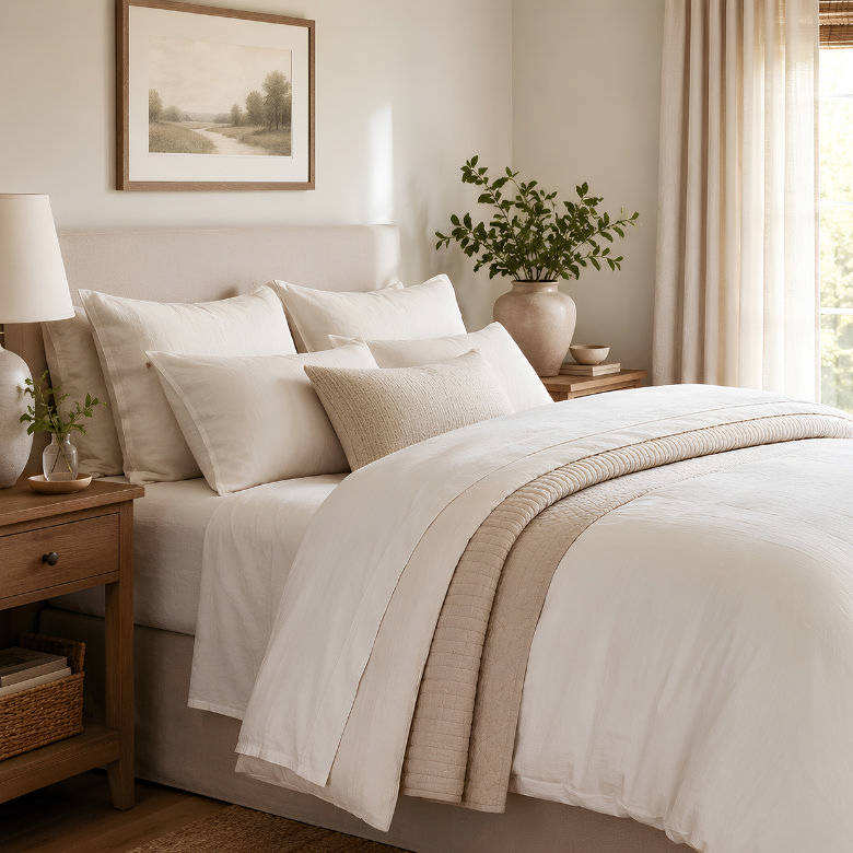 how to style a bed with layered neutral bedding tonal cushions and neatly folded duvet in a calm modern bedroom