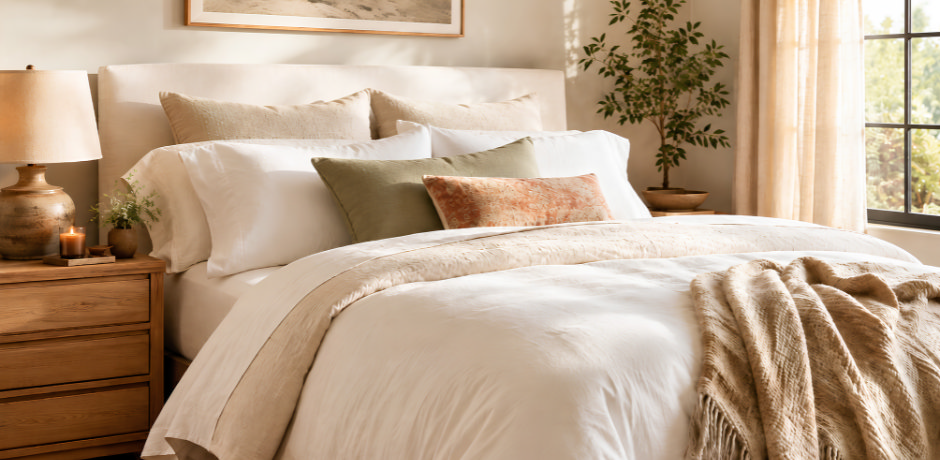 how to style a bed with layered neutral bedding stacked pillows and textured throw in a warm modern bedroom