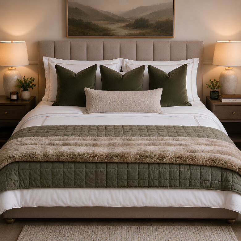 Five-star hotel style bed finished with a green quilted coverlet and soft faux fur throw layered across the foot of the bed.