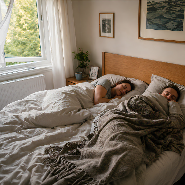 two people sleeping in bed using layered bedding with lightweight sheets and a heavier throw for different sleep temperatures
