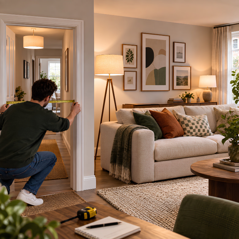 Man measuring a doorway before buying furniture for a new build living room.