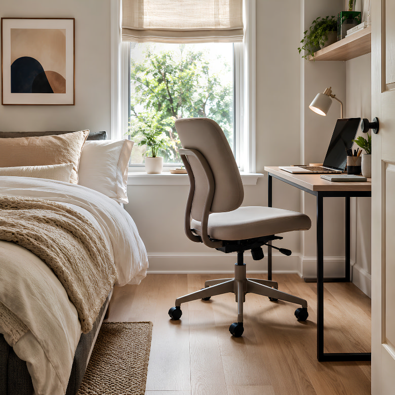 Adjustable ergonomic desk chair at a compact home office desk in a small bedroom.