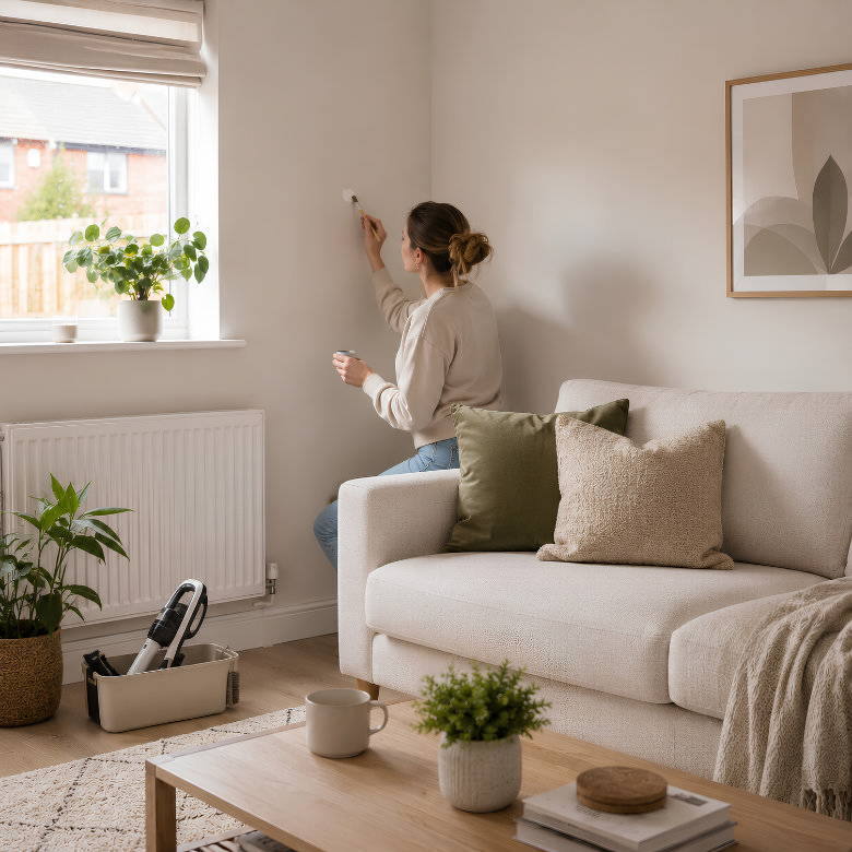 Woman touching up a painted wall in a new build living room to keep the home looking fresh.