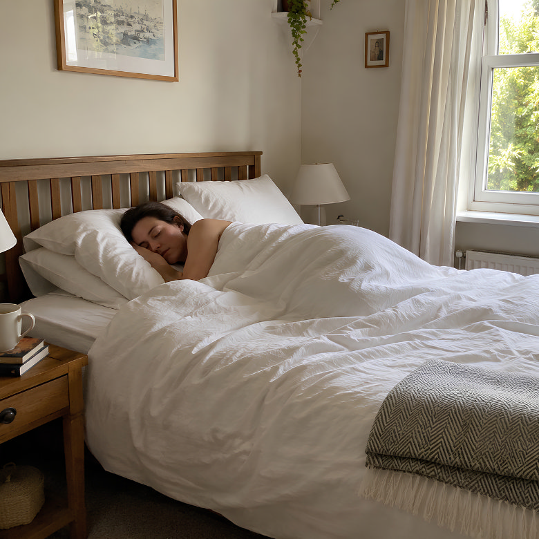 person sleeping in bed with thin lightweight sheets and cool white bedding