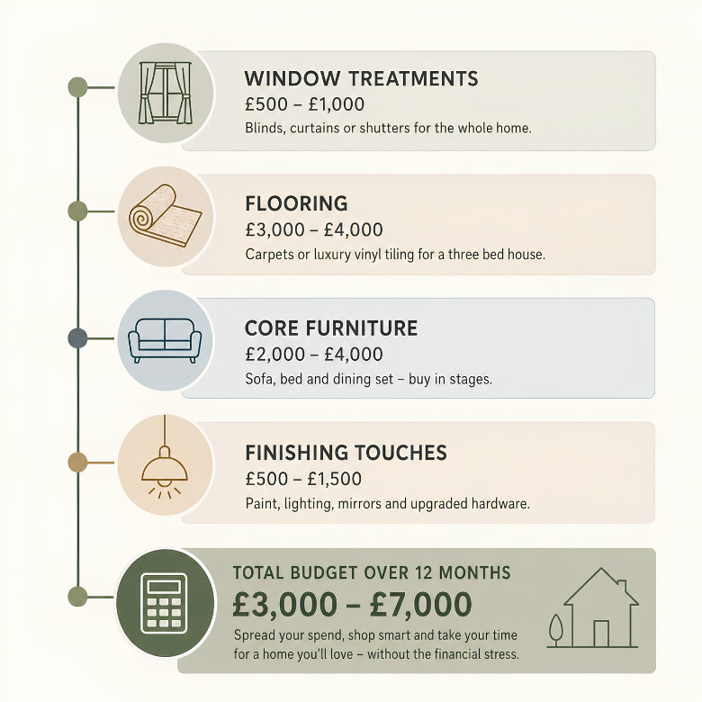 New build home decorating budget breakdown for window treatments, flooring, furniture and finishing touches over 12 months.