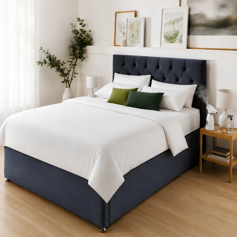 Crisp white hotel style bedding being steamed to remove creases and create a smooth, five-star bed finish.