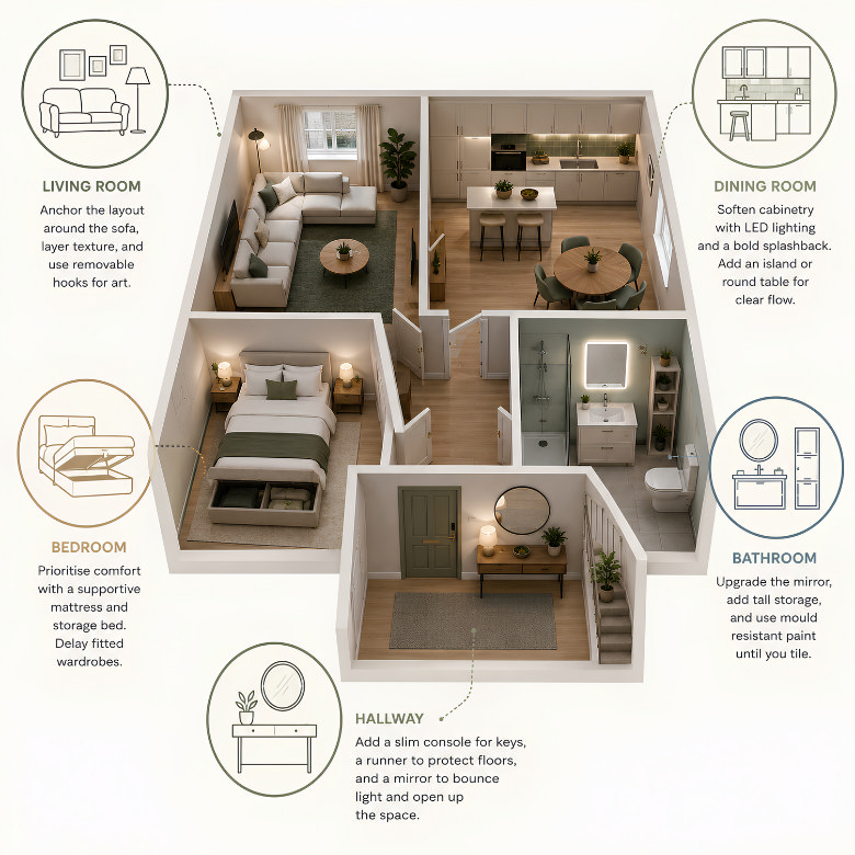 New build home decorating ideas for the living room, dining room, bedroom, bathroom and hallway.