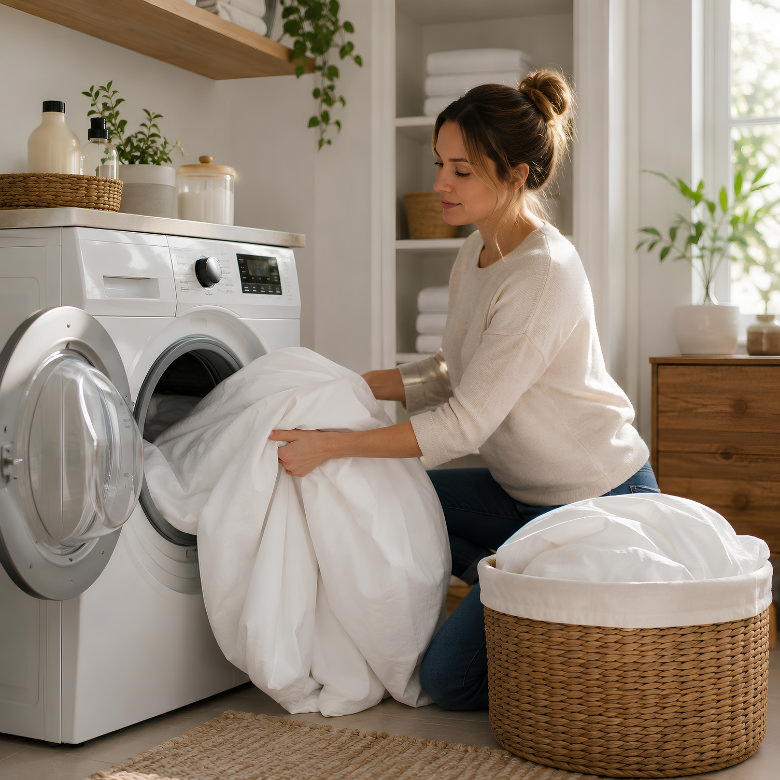 Woman washing white hotel style bedding in a washing machine to keep sheets and duvet covers fresh and bright.