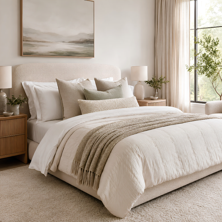 how to style a bed with layered neutral bedding balanced cushions and a neatly folded textured throw in a calm bedroom