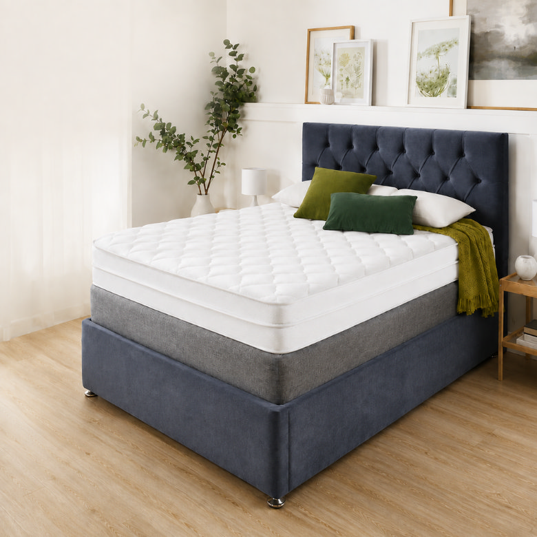 Deep mattress layered with a memory foam topper and quilted protector to create instant loft for a five-star hotel style bed.