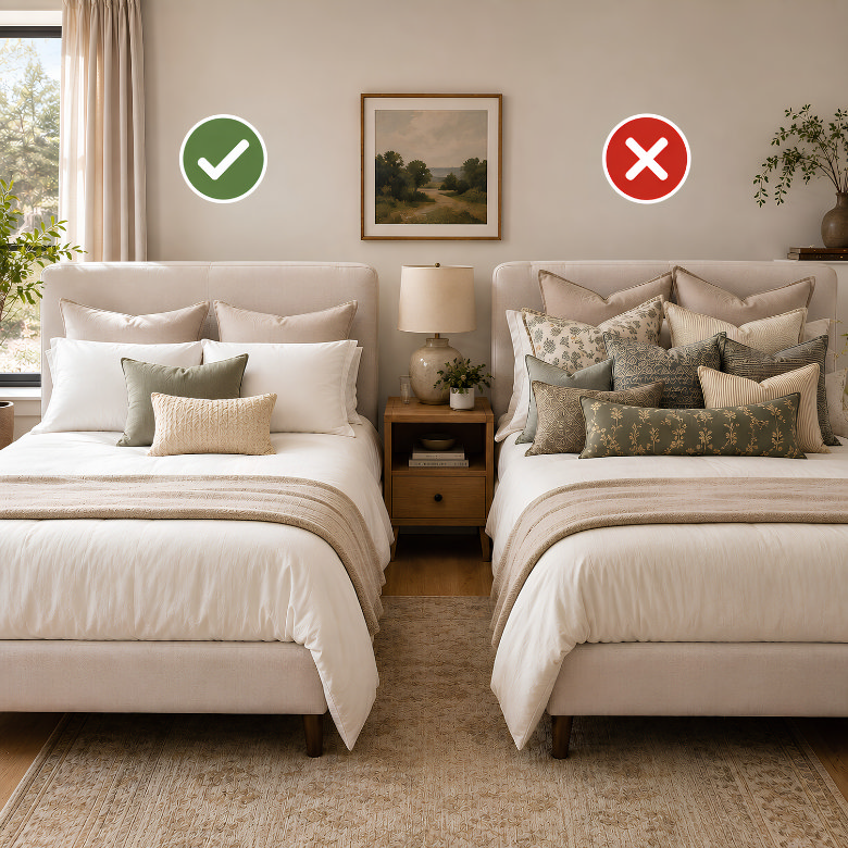 bed styling comparison showing balanced pillow arrangement versus overcrowded cushions on a bed