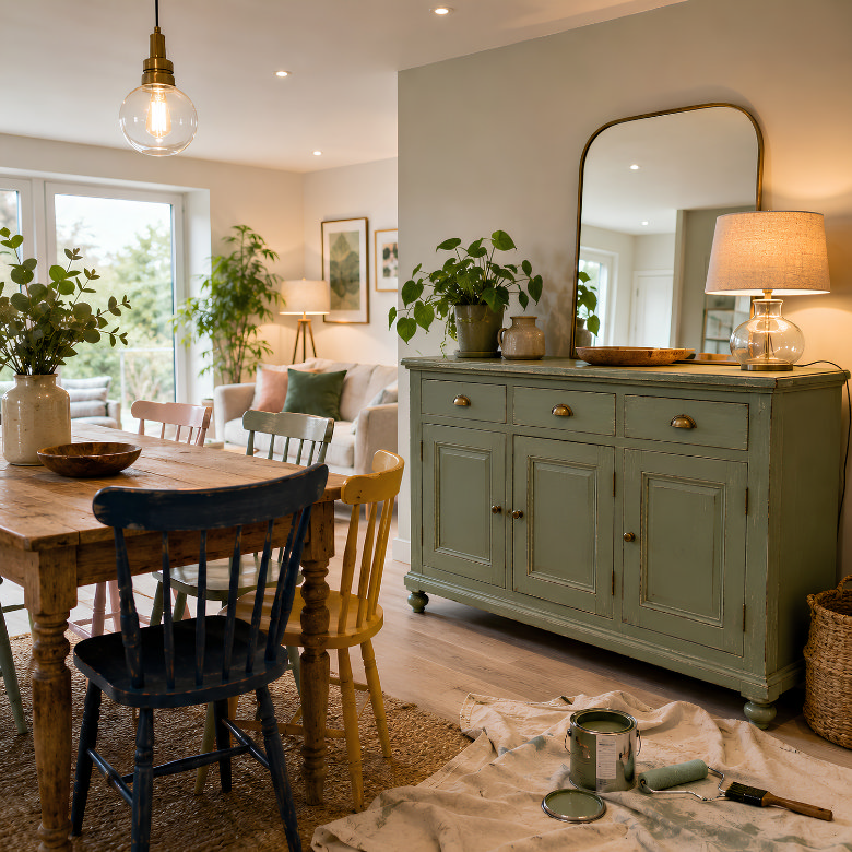 Upcycled green sideboard and mismatched dining chairs adding colour and character to a new build dining room.