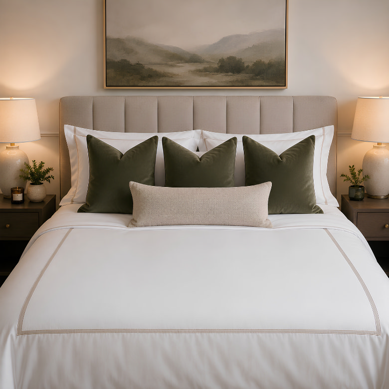 Hotel style bed with three large green accent cushions and one long neutral bolster arranged neatly against white pillows.