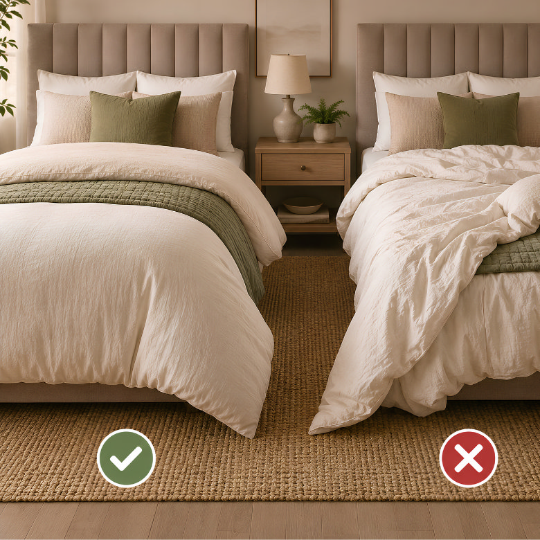 bed styling comparison showing neatly layered bedding on one bed and messy uneven duvet on the other