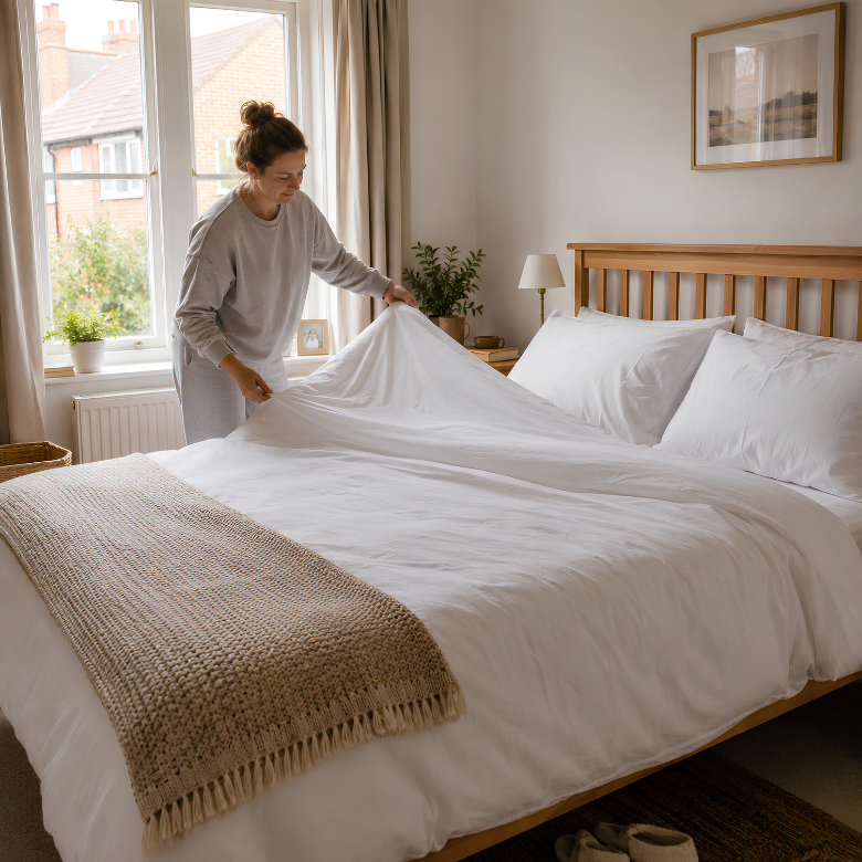 person making bed with thin lightweight sheets and breathable white bedding in a calm neutral bedroom